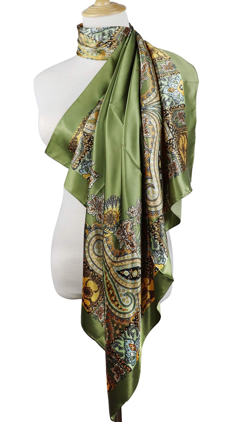 vabovin Silk Feeling Scarf Large Square Satin Head Scarf for Women 35 Ã— 35 inches (Olive Green Cashew) - Image 2